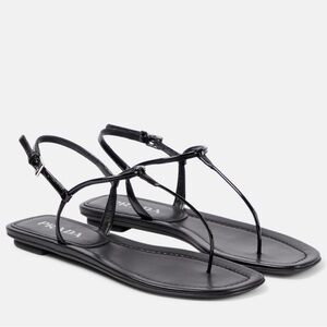 Prada Black Patent Leather open square toe flat thong sandals EU 37